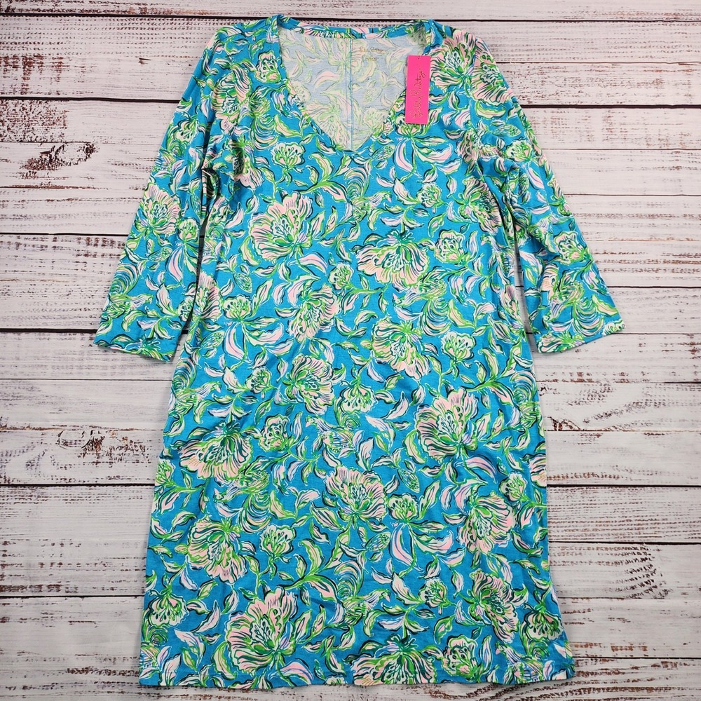 Lilly Pulitzer Tessa Dress Women's XL Cumulus Blue Chick Magnet Floral 3/4 NWT